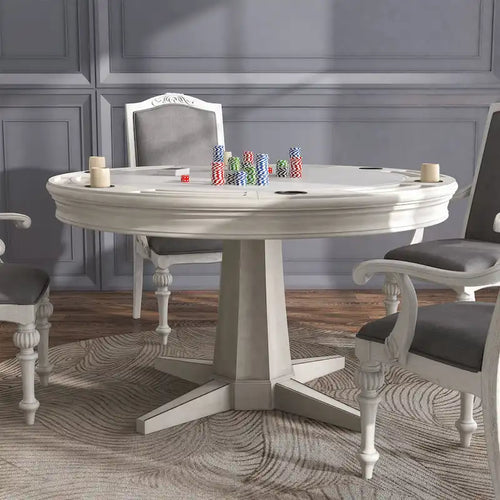Antique White Round Wood Game Table with Reversible Top and Cupholders