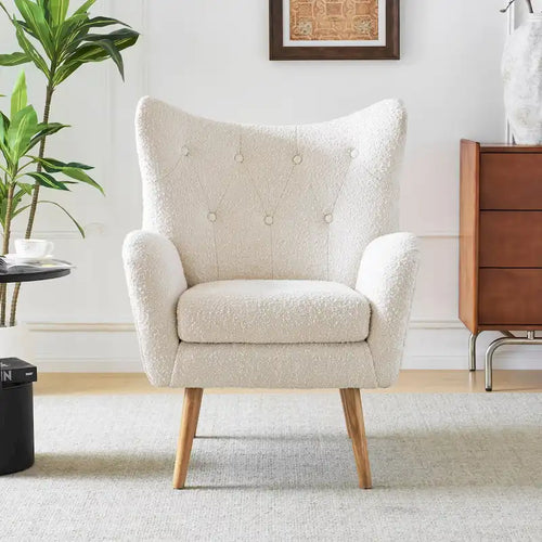 Beige Granular Plush Fabric Wingback Accent Chair with Rubber Wood Legs