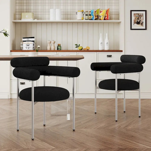 Black Upholstered Round Back Armchair with Chrome Metal Legs, Modern Dining